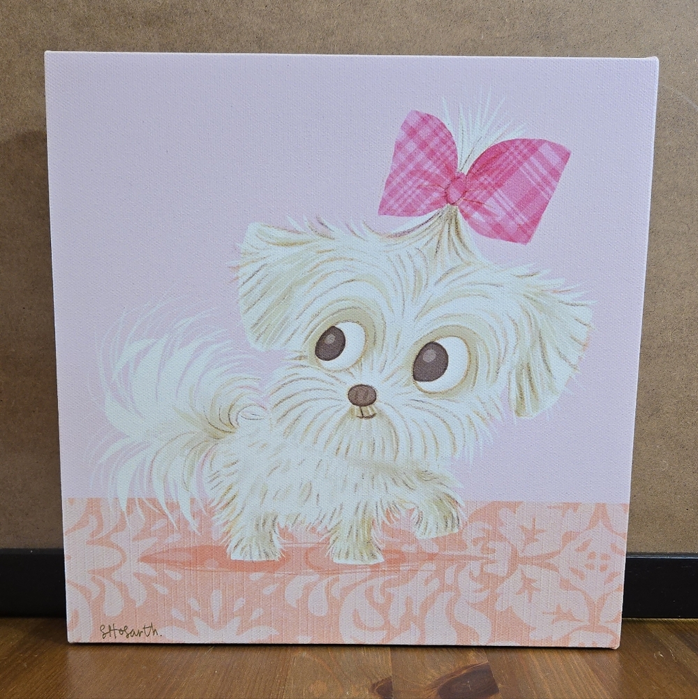 Cute Maltese Dog Canvas Art with Pink Bow